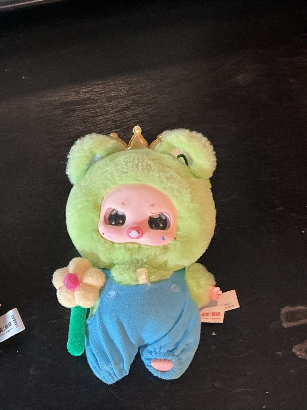 Green Frog Plush Doll with Blue Overalls and Flower - Kids Toy